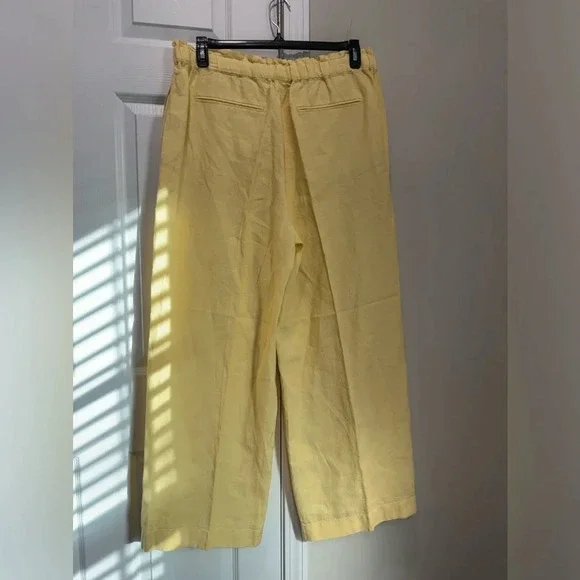 POLO RALPH LAUREN HIGH-WAISTED WIDE-LEG LINEN PANTS IN YELLOW Sz : L